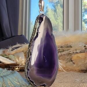 Purple Agate Slice Pendant Sterling Silver, Handmade Boho Statement Necklace